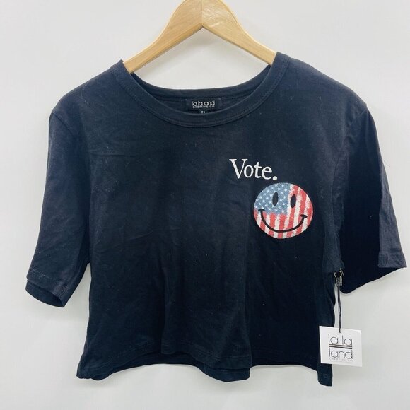 La La Land Creative Co Womens Medium Vote Tshirt Crop Top Happy Face Black 2430 - Picture 3 of 8